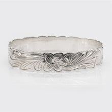Load image into Gallery viewer, 92.5 Sterling Silver Isla 15mm Plumeria &amp; Scroll Cut-Out Bangle
