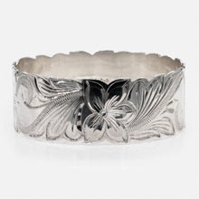 Load image into Gallery viewer, 92.5 Sterling Silver Isla 28mm Plumeria & Scroll Cut-Out Bangle