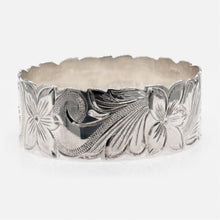 Load image into Gallery viewer, 92.5 Sterling Silver Isla 28mm Plumeria & Scroll Cut-Out Bangle