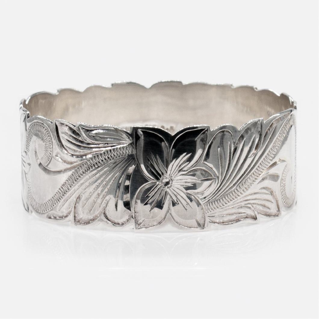 92.5 Sterling Silver Isla 28mm Plumeria & Scroll Cut-Out Bangle