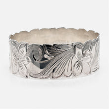 Load image into Gallery viewer, 92.5 Sterling Silver Isla 28mm Plumeria &amp; Scroll Cut-Out Bangle
